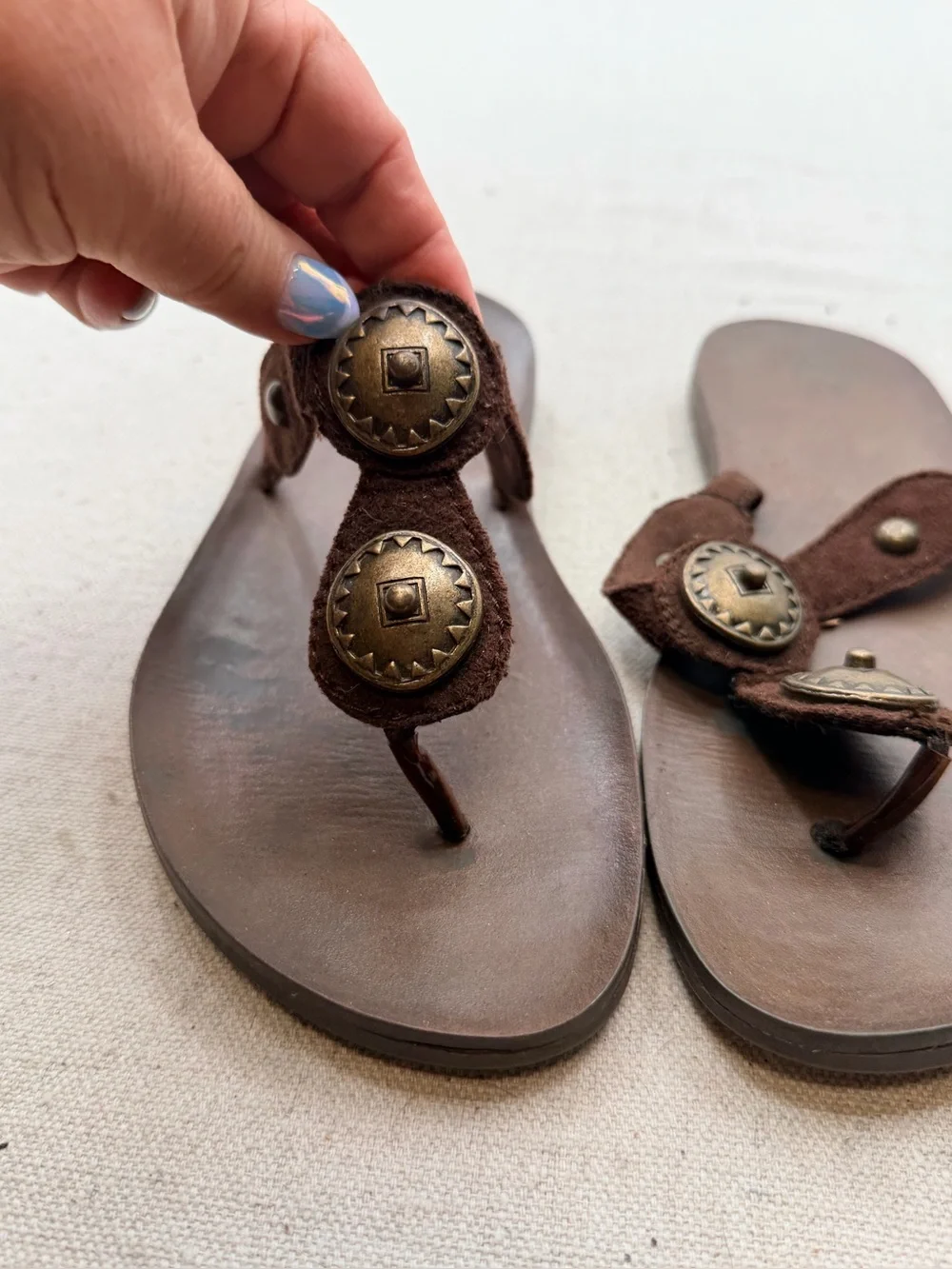 Mossimo Brown Leather Thong Sandals with Button Accent